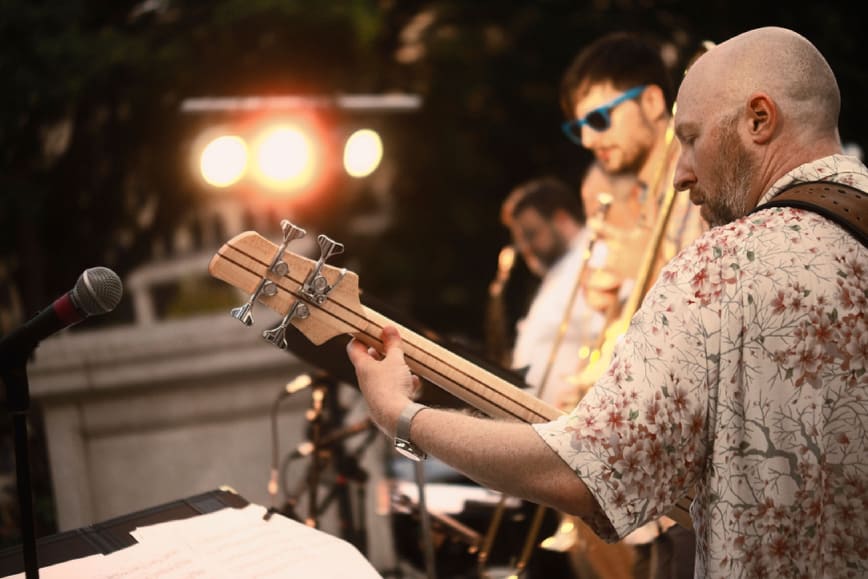 adam playing bass with Hornado